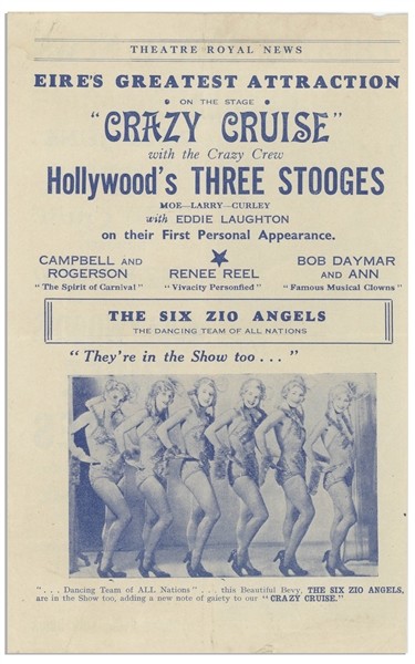 Dublin's ''Theatre Royal News'' Playbill Advertising ''Hollywood's Three Stooges'' on Its Cover, for Their 26 June 1939 Debut Show -- 4pp. Including Covers Measures 5.5'' x 8.75'' Folded -- Very Good